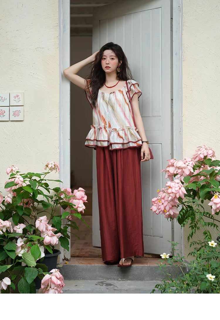 MISHOW Red Wide Leg Pants High Waist Pocket Elastic MXE38K0952