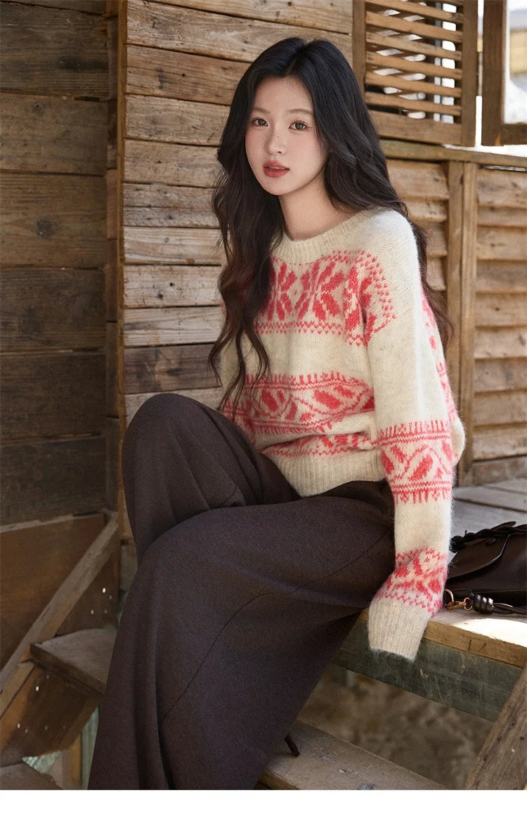 Mishow Christmas Beige White Geometric Jacquard Sweater MXE93Z2938