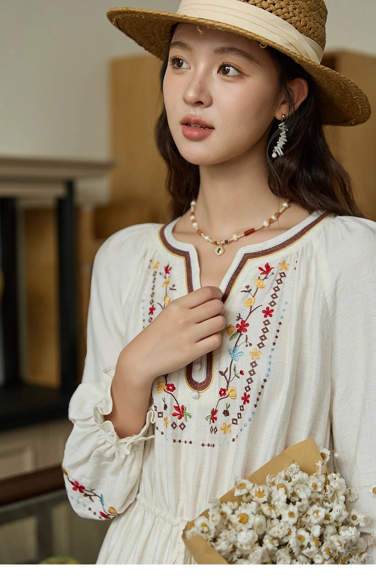 Mishow V-Neck Embroidered Drawstring Bohemian Dress MXE44L2489