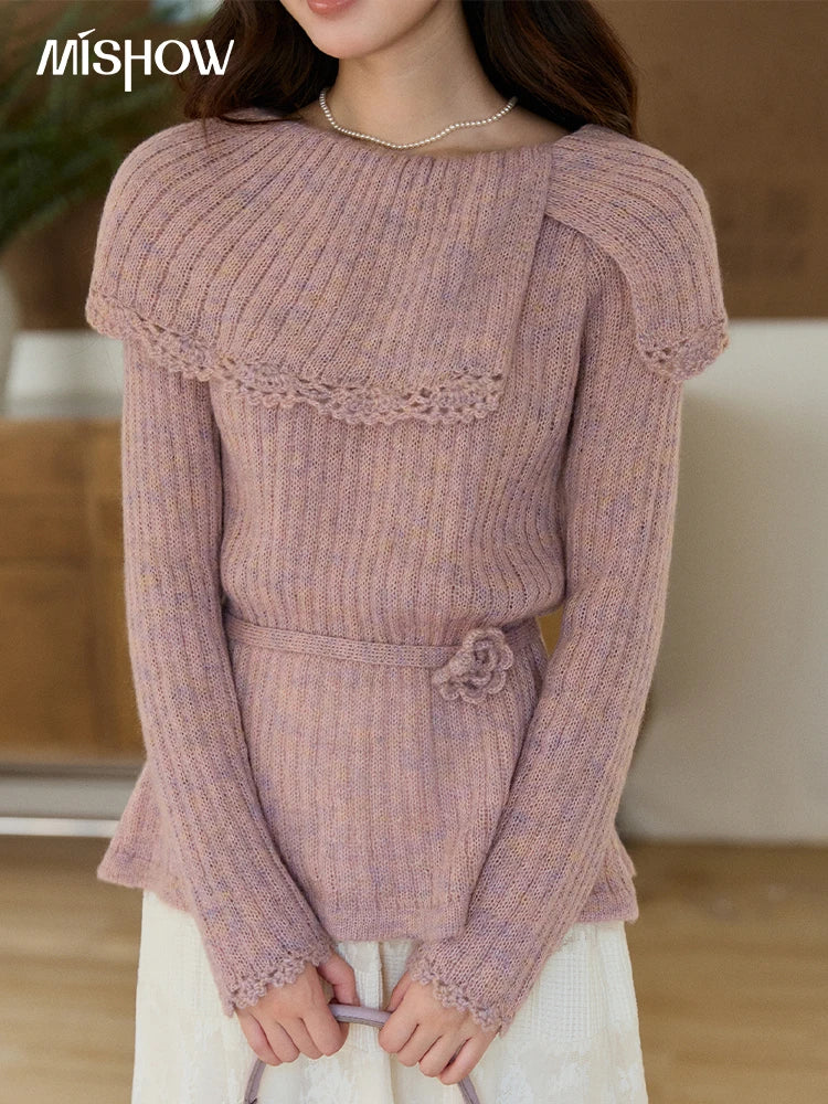 Mishow Pink Large Collar Lace Belted Pullover MXF11Z2901
