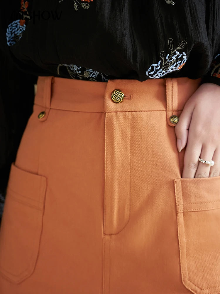 Mishow Orange High Waist Slim A-Line Pocket Skirt MXD13B0264