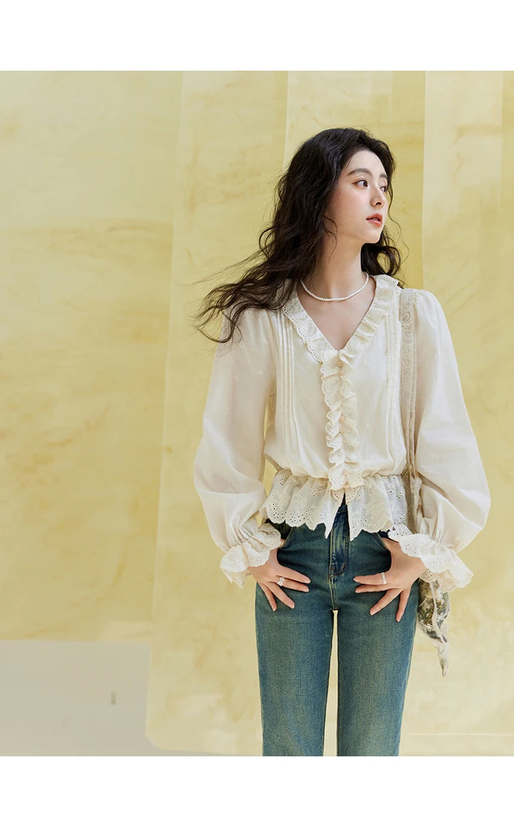 MISHOW V-Neck Long Sleeve Blouse Solid Loose Fold Detail MXE14X1732