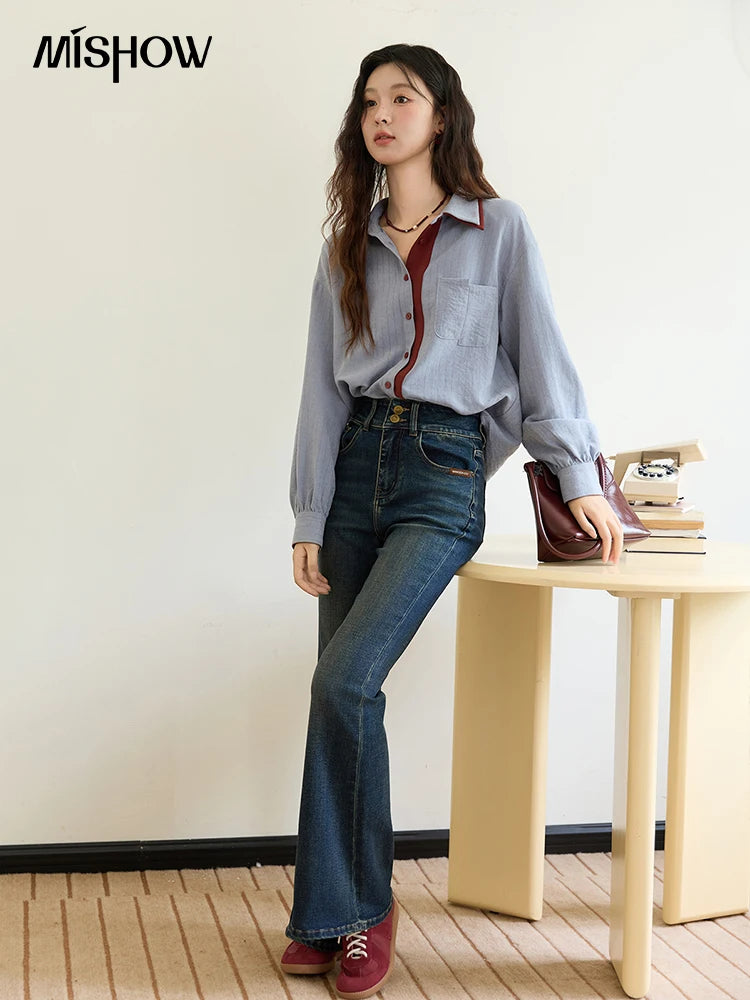 MISHOW Blue Red Striped Shirt Contrast Splicing Lapel MXE46C2405