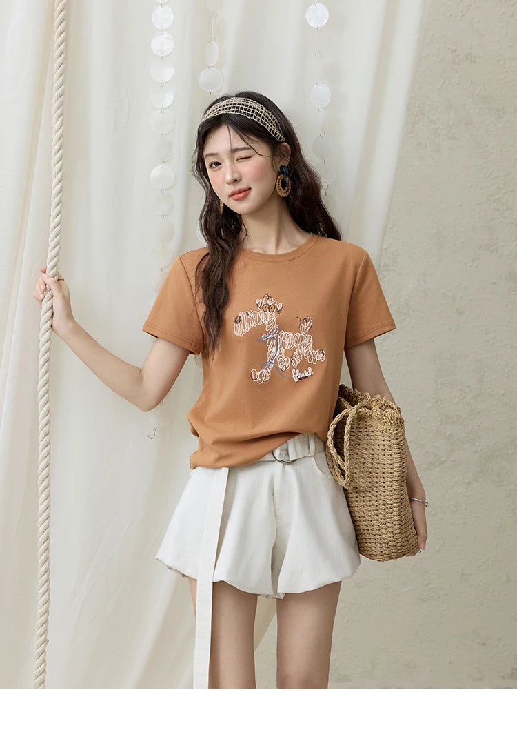 Mishow Cartoon Print Loose Embroidery Tee MXE31T0550