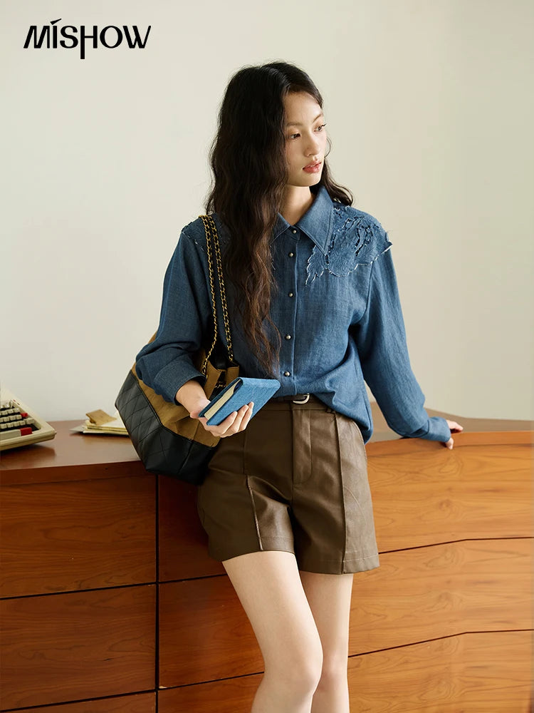 MISHOW Blue Shirt Hollowed Out Patchwork Embroidery Imitation Denim MXE46C2410
