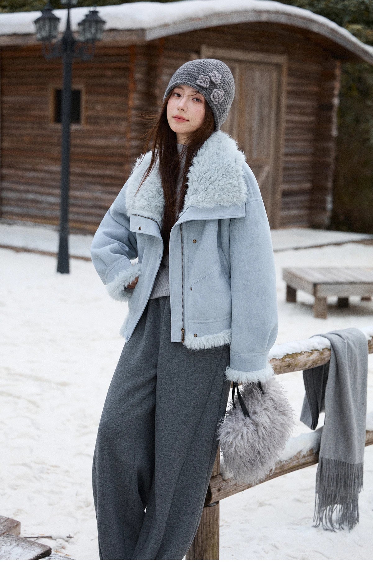 MISHOW Blue Plush Jacket Turn-Down Collar Zip-Up Loose MXE87W0917