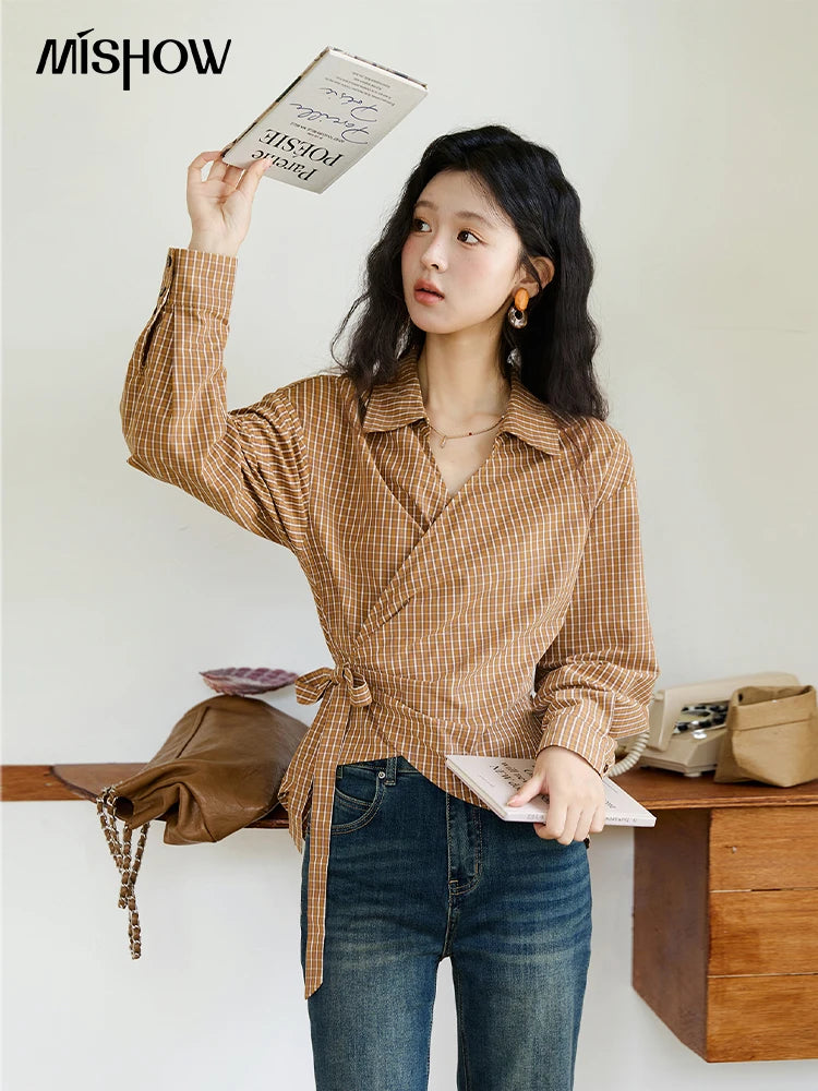 MISHOW Dark Orange Plaid Shirt Side Waist Lace-Up MXE46X2494