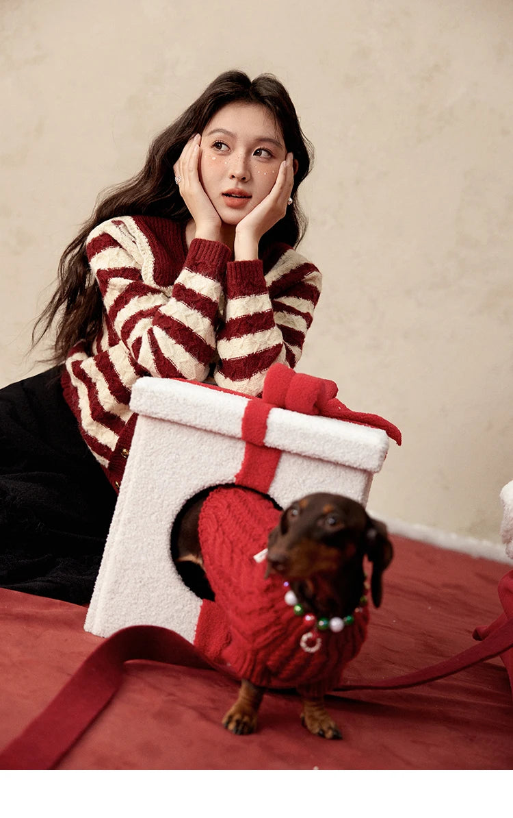 Mishow Christmas Red Striped Wool Blend Cropped Cardigan MXD58Z1038