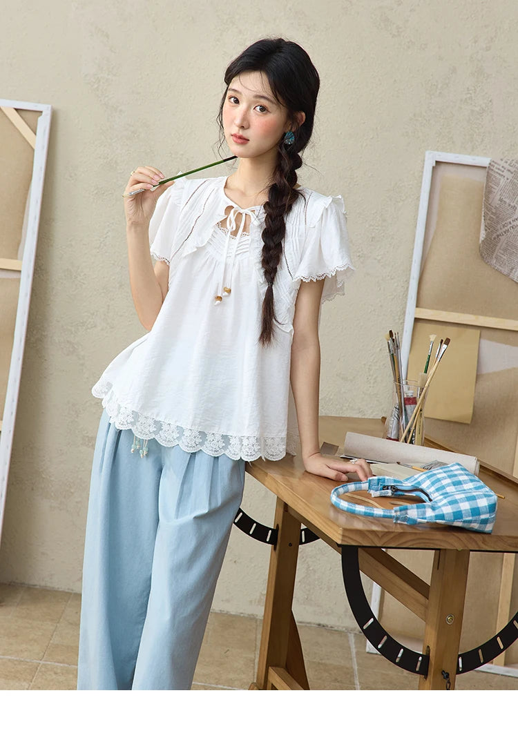 MISHOW Sea Salt Blue Wide Leg Pants Contrasting Bead Belt MXE35K0931