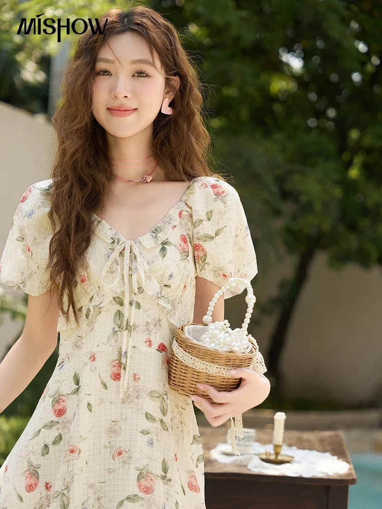 Mishow French A-Line Ruffled V-Neck Puff Sleeve Dress MXC33L1465