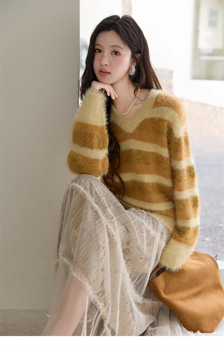 Mishow Retro Yellow Striped Faux Mink Jacquard Sweater MXE87Z2766