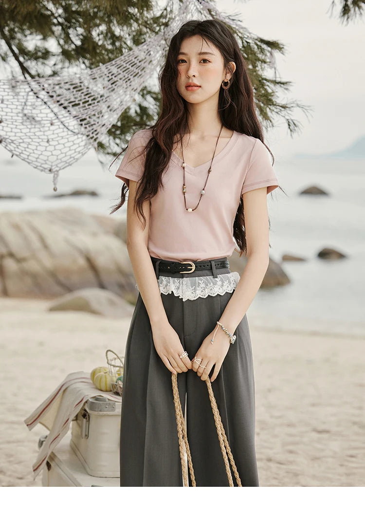 Mishow Solid V-Neck Slim Cotton Tee MXE33T0519