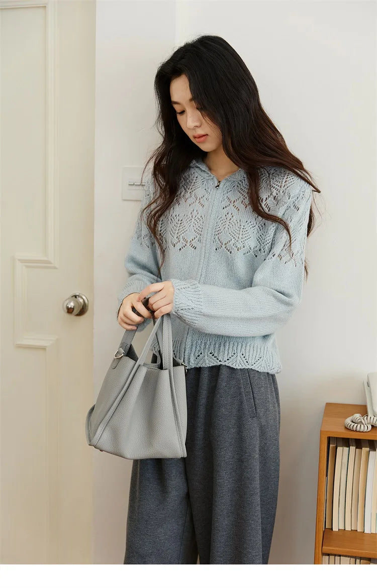 Mishow Blue Hooded Hollow Knit Zipper Cardigan MXE46Z2584