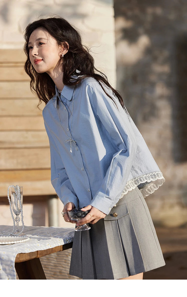 MISHOW Cotton Blue Shirt Hem Lace Lapel Collar MXE12C0410