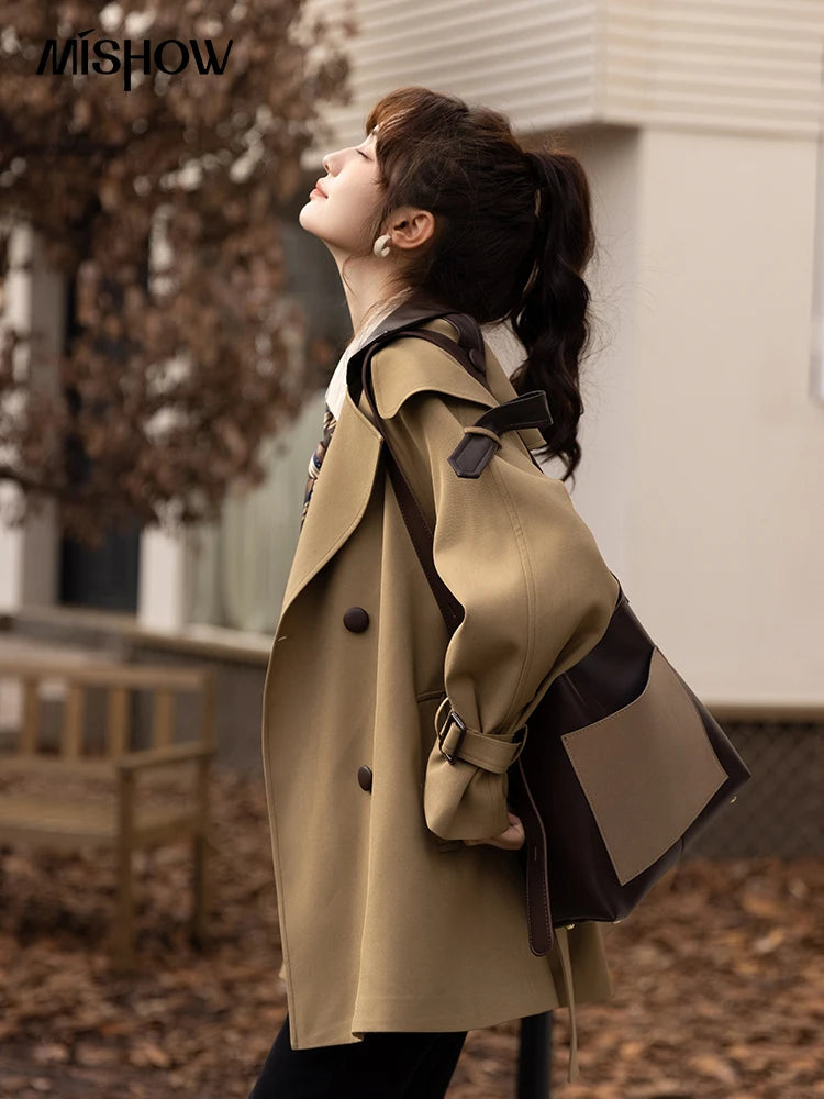 Mishow Polo Collar Patchwork Long Trench Coat MXB33W0399