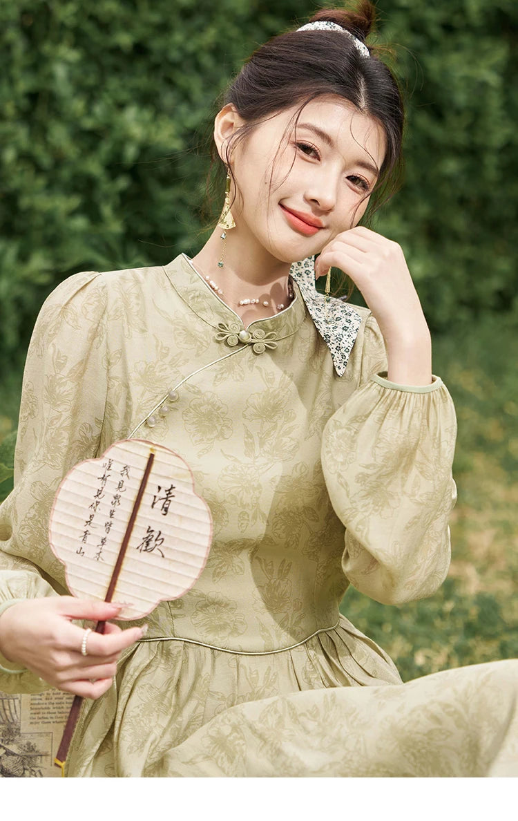 Mishow Chinese Cheongsam Green Puff Sleeve Dress MXD14L1767