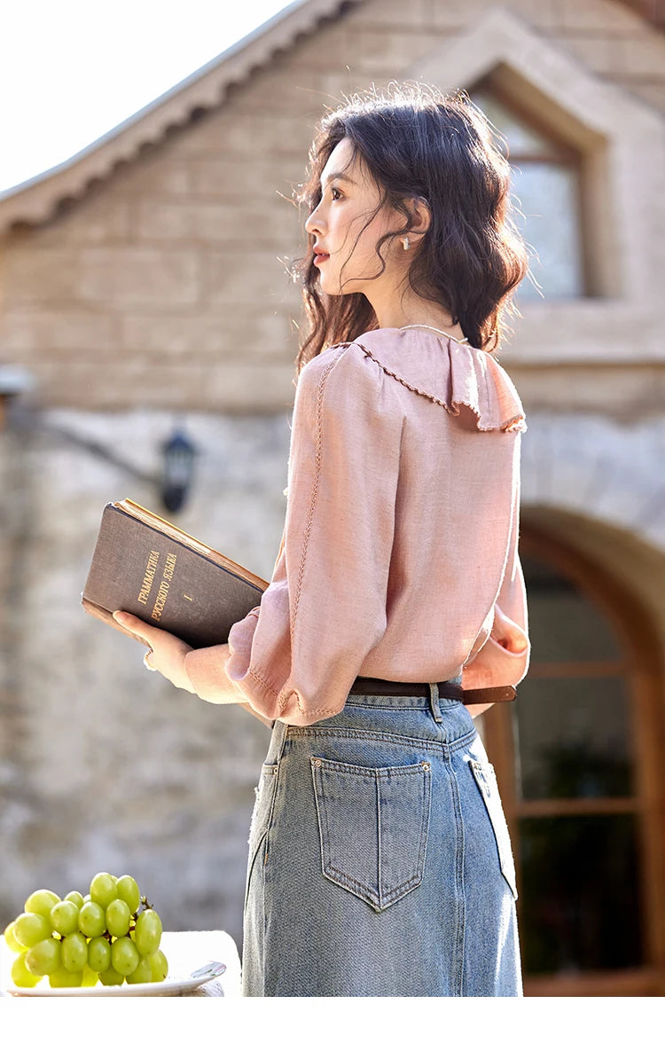 MISHOW Lotus Leaf Collar Shirt Bubble Sleeves Pink Chiffon MXE12X1702