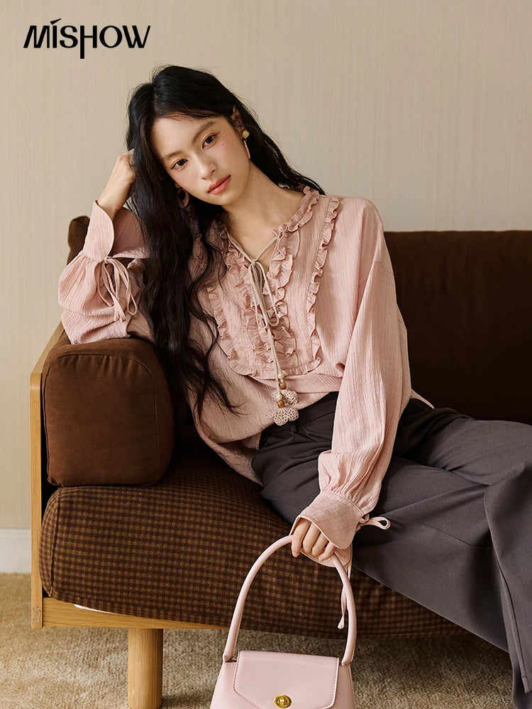 MISHOW Pink Blouse V-Neck Bubble Sleeve Fold Edge MXE45X2485
