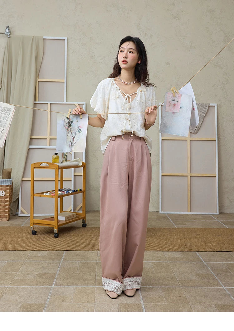 MISHOW Hem Lace Hollow Out Wide Leg Pants High Waist Pink MXE31K0900
