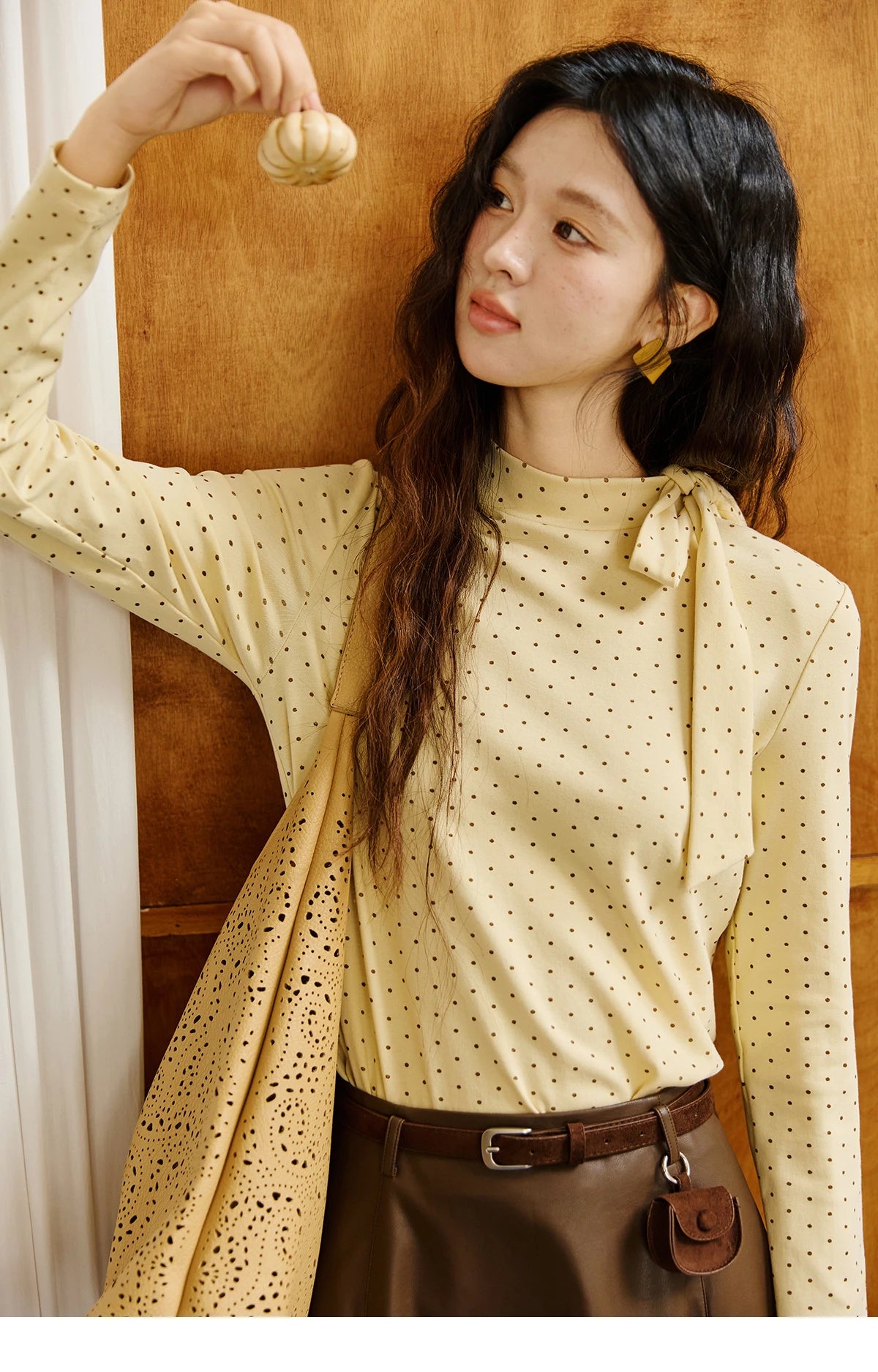 Mishow Yellow Polka Dot Lace Up Collar Pullover MXE45Z1379