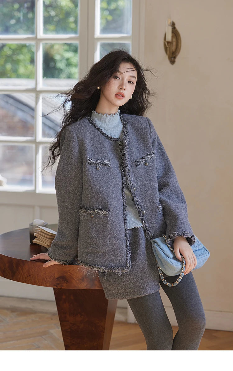 Mishow Plaid Tweed Jacket & Solid Shorts Set MXD35W0489