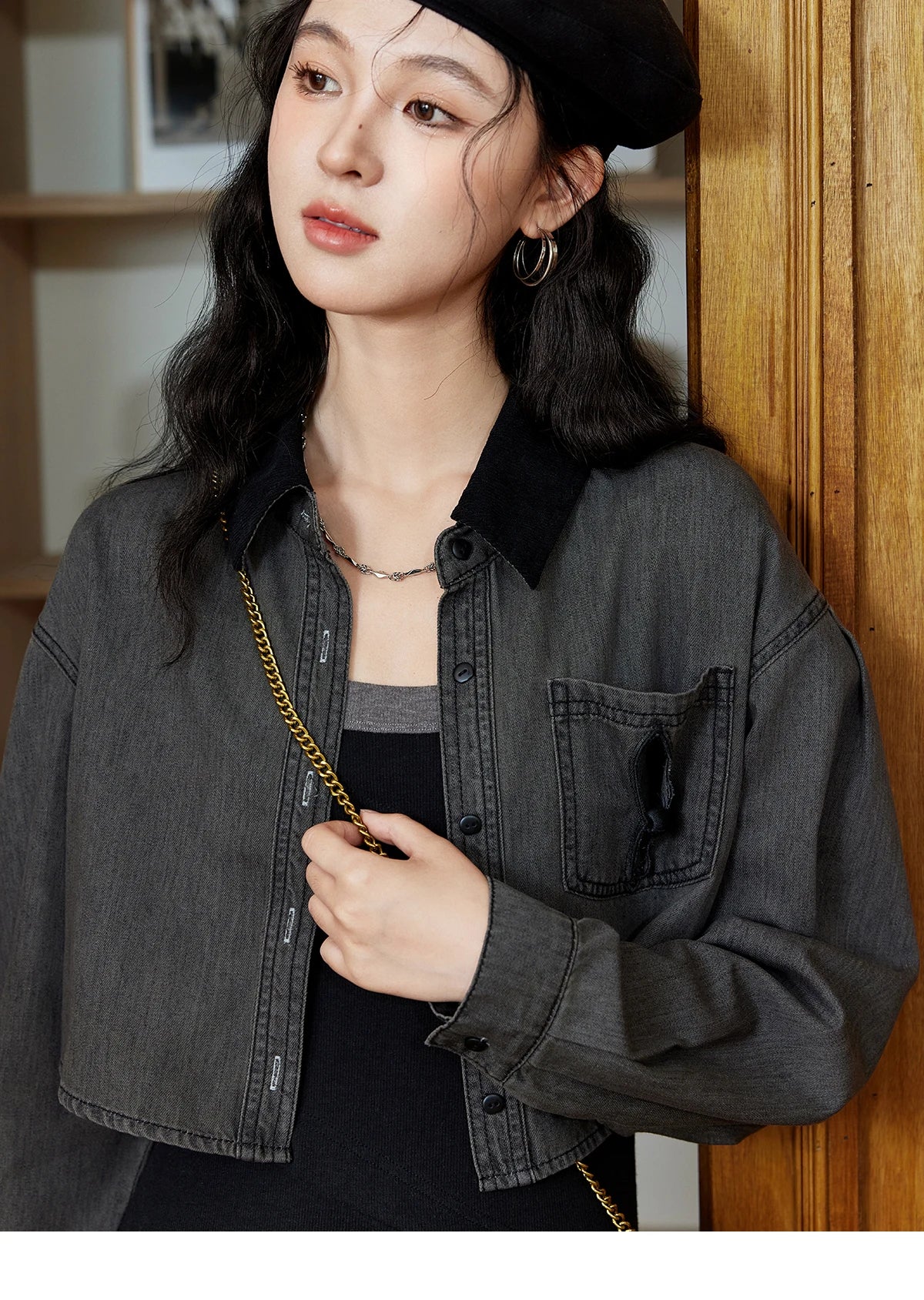 MISHOW Short Denim Jacket Splicing Corduroy Lapel Contrasting MXD42W0398
