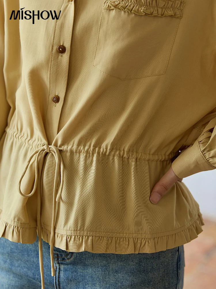 MISHOW Yellow Drawstring Waist Shirt Lapel Lantern Sleeve MXE42C2368