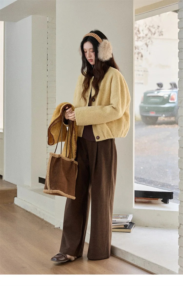 MISHOW Brown Wool Quilted Coat Round Neck Short Loose MXE87W0935