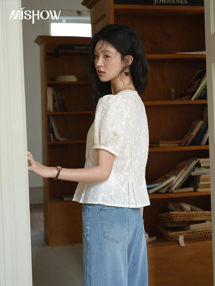 MISHOW Embroidery Cotton Shirt Puff Sleeve Button MXE39X1979