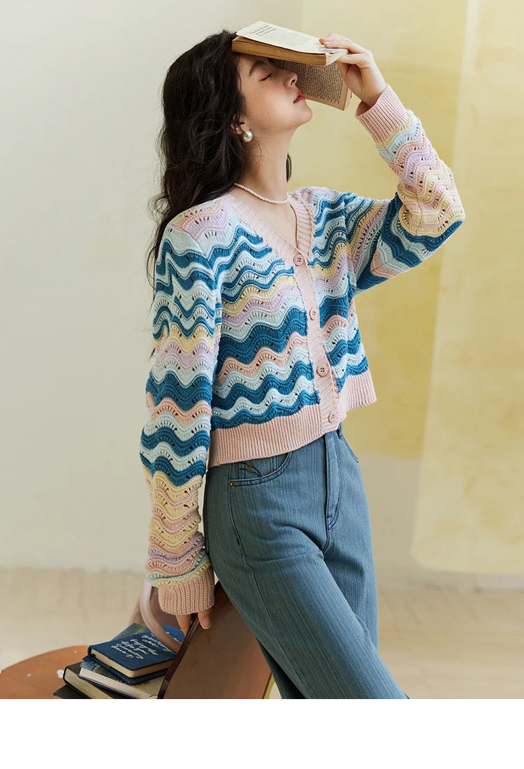 Mishow Color Stripe V-Neck Loose Cardigan MXE16Z1203