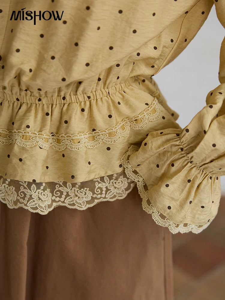 MISHOW Yellow Polka Dot Linen Blouse V-Neck Flare Sleeve MXE42X1975