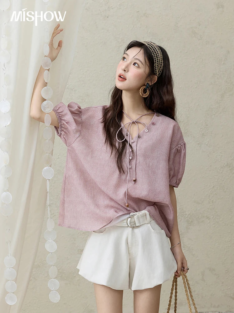 MISHOW Solid V-Neck Blouse Short Puff Sleeve Lace-Up MXE33X1743