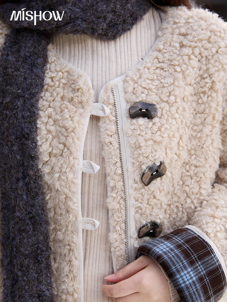 Mishow Plaid Patchwork Curly Lambswool Coat MXE87W0939
