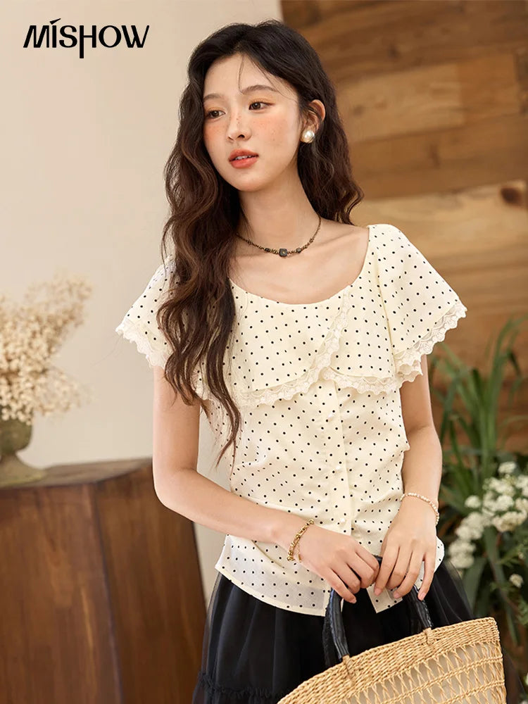 MISHOW Apricot Polka Dot Shirt Ruffle Edge Patchwork Lace MXE34X1783