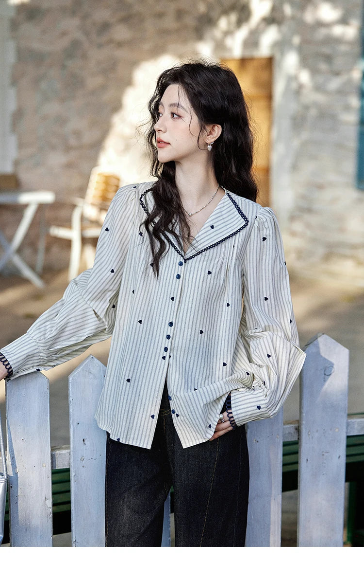 MISHOW Striped Bubble Sleeve Shirt Love Embroidered MXE12C0390