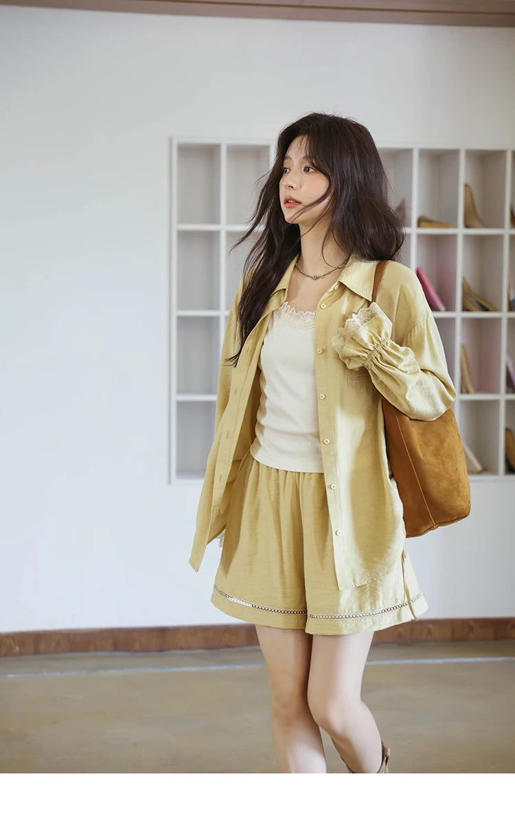 Mishow Yellow Linen Lace Shirt & Camisole & Shorts Three-Piece Set MXE42T0718