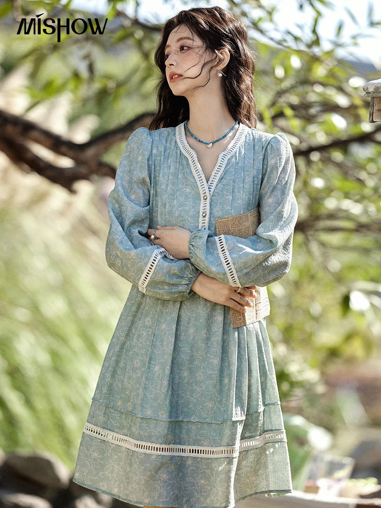 Mishow French V-Neck Hollow Lace Print Dress MXE12L2096