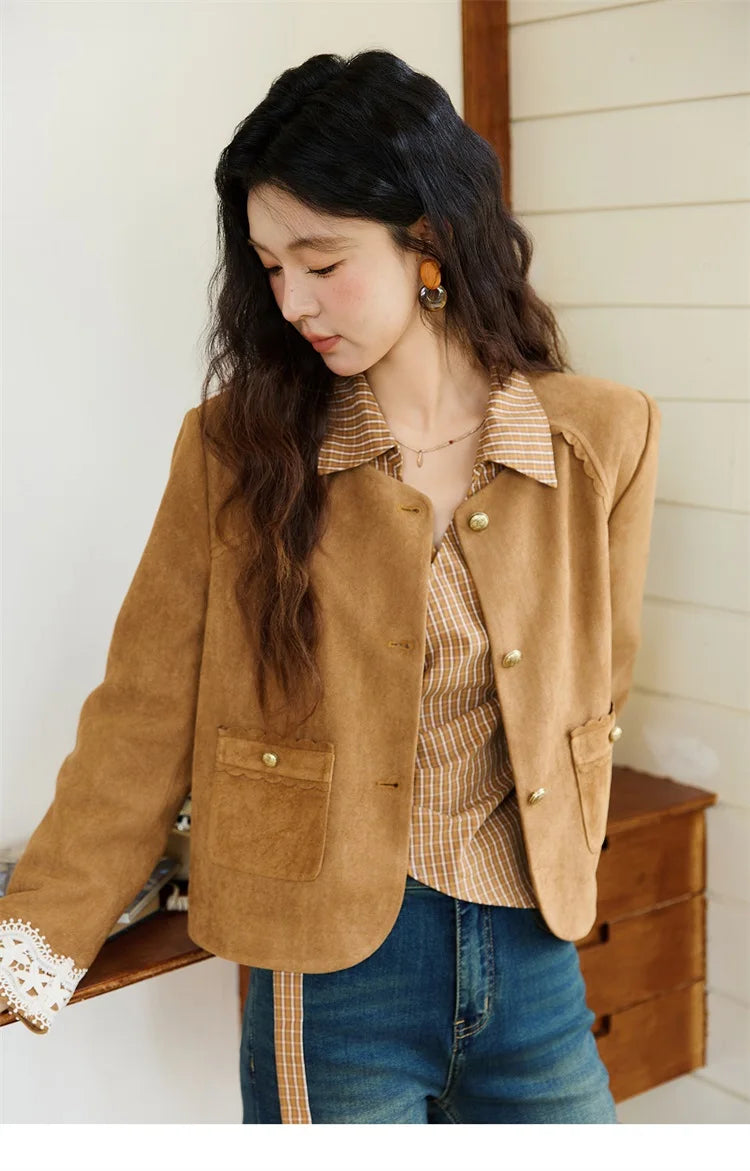 MISHOW Fragrant Suede Jacket Cuffs Hollowed Out Lace Metal Button MXE46W0839