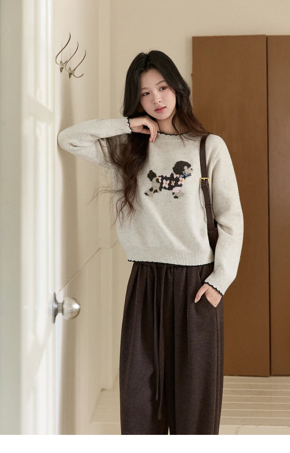 Mishow Burgundy Poodle Pattern Ruffled Trim Pullover MXE93Z2949