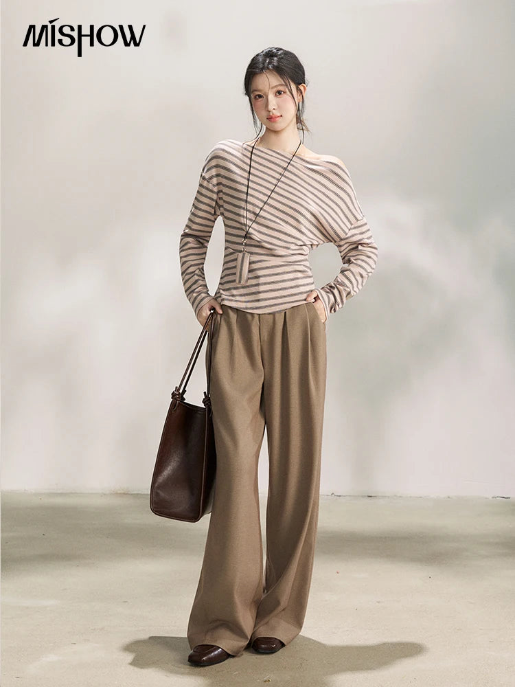 Mishow Striped Boat Neck T-Shirt with Necklace MXF13T1514