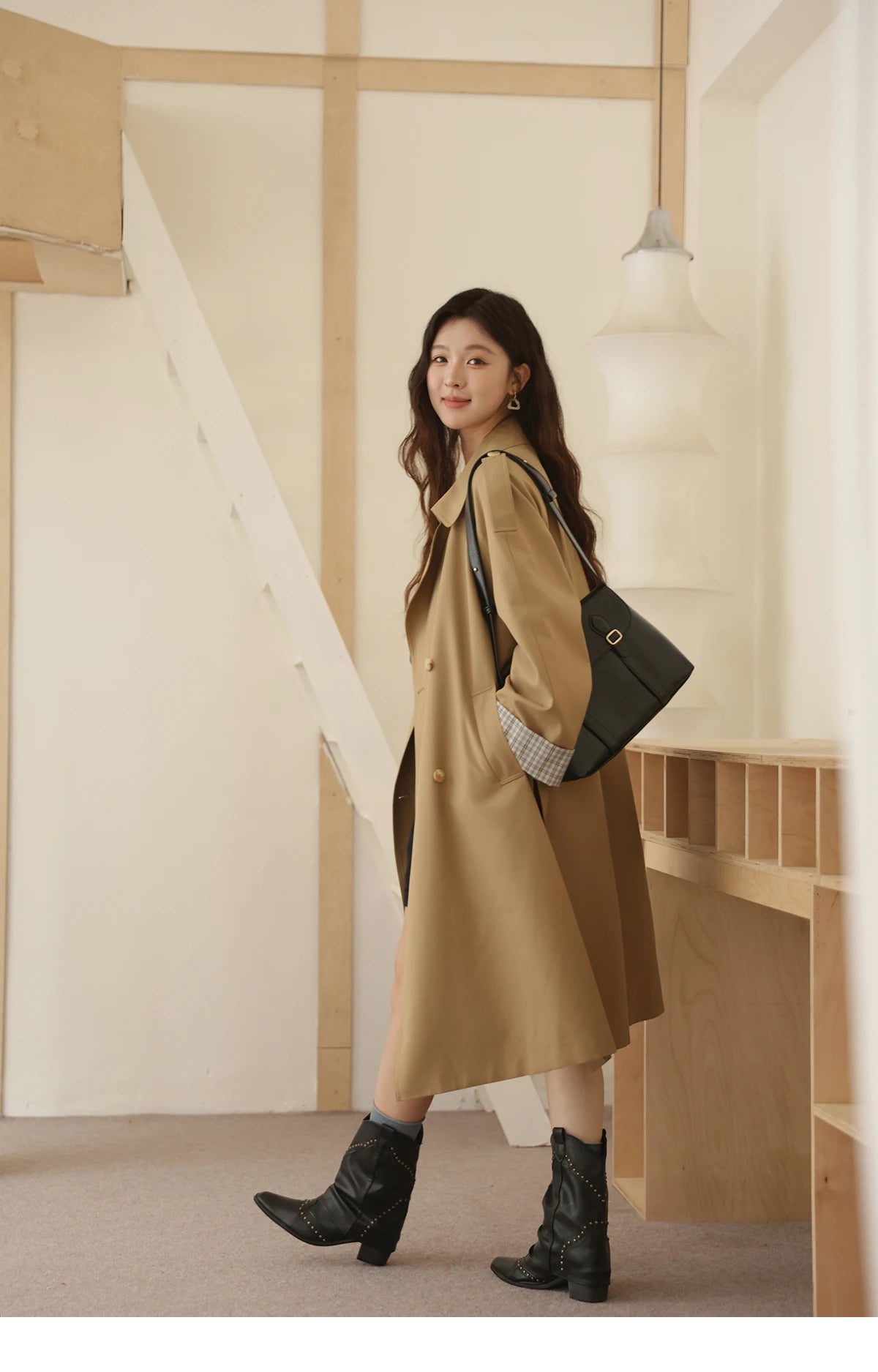 Mishow Khaki Retro Plaid Flip Sleeve Trench Coat MXE44W0814