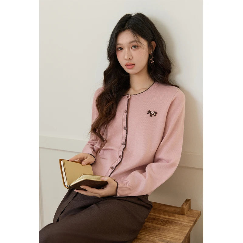 Mishow Pink Contrast Trim Pony Decoration Cardigan MXF108Z1023