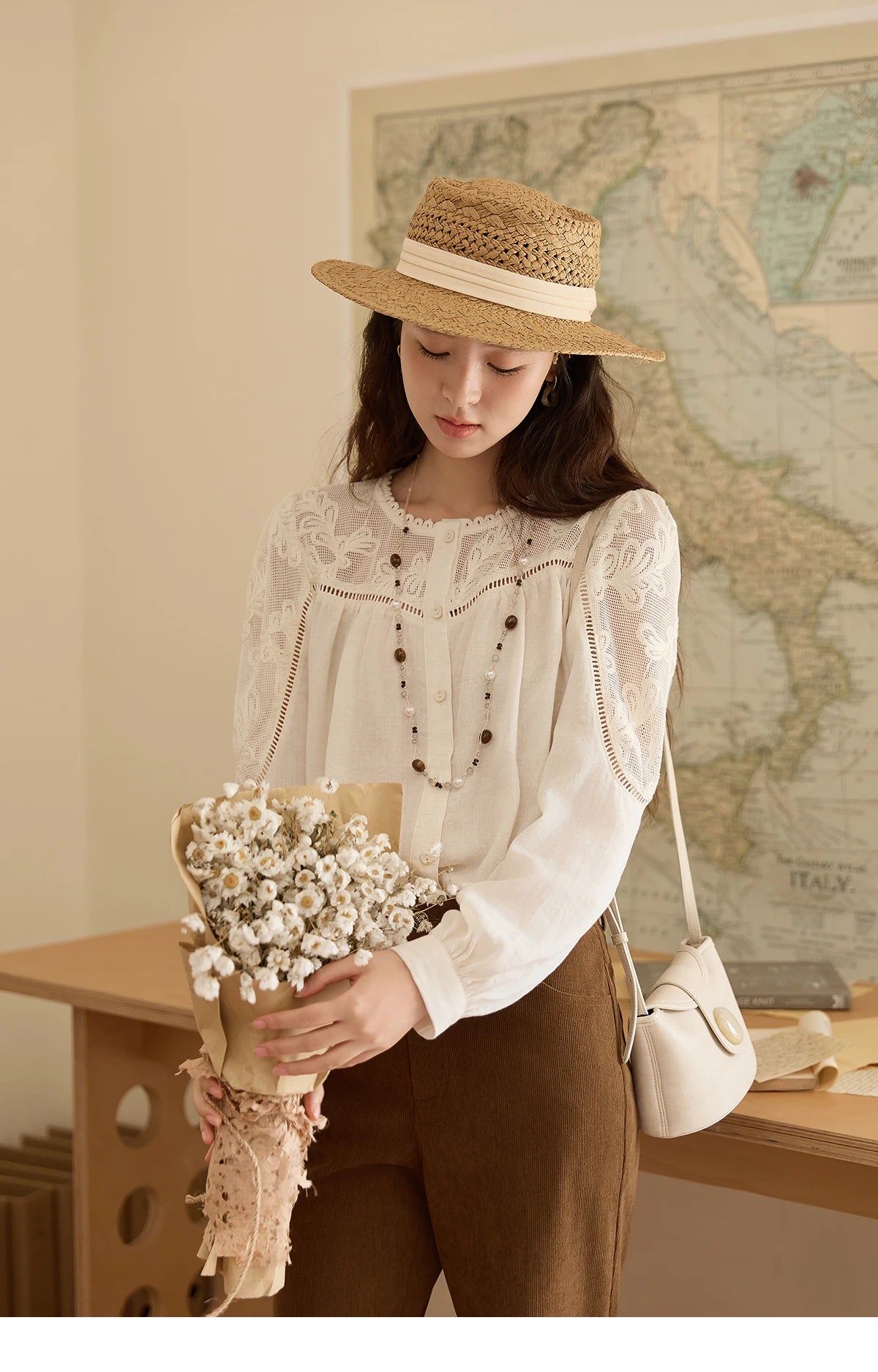 MISHOW Beige Hollow Out Embroidery Shirt O-Neck MXE44X2498