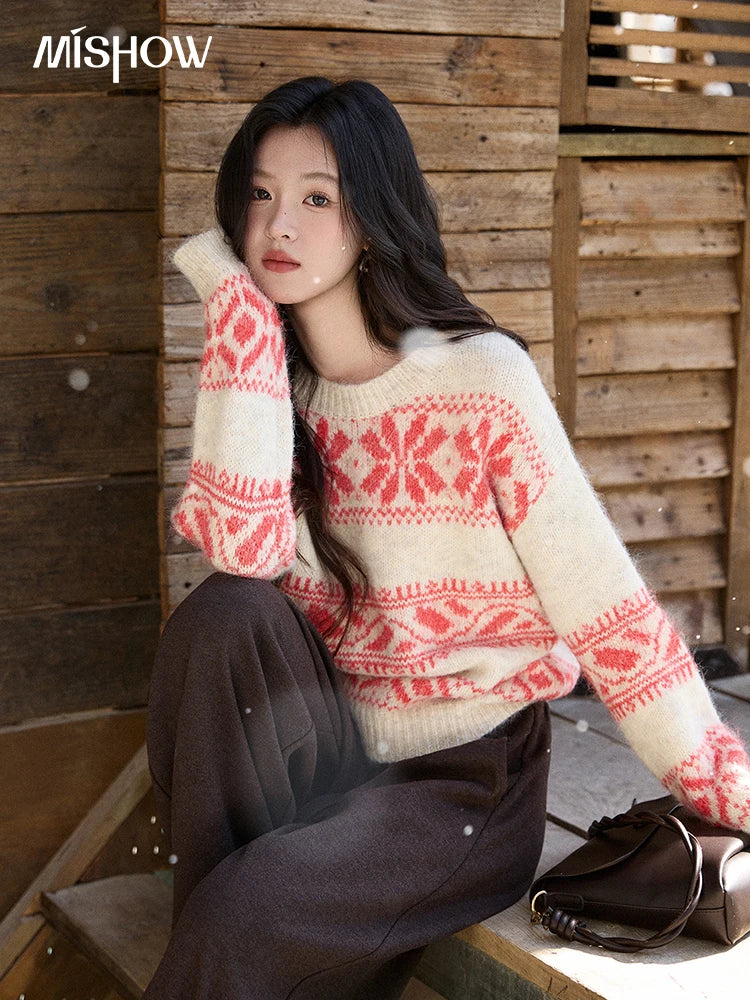 Mishow Christmas Beige White Geometric Jacquard Sweater MXE93Z2938