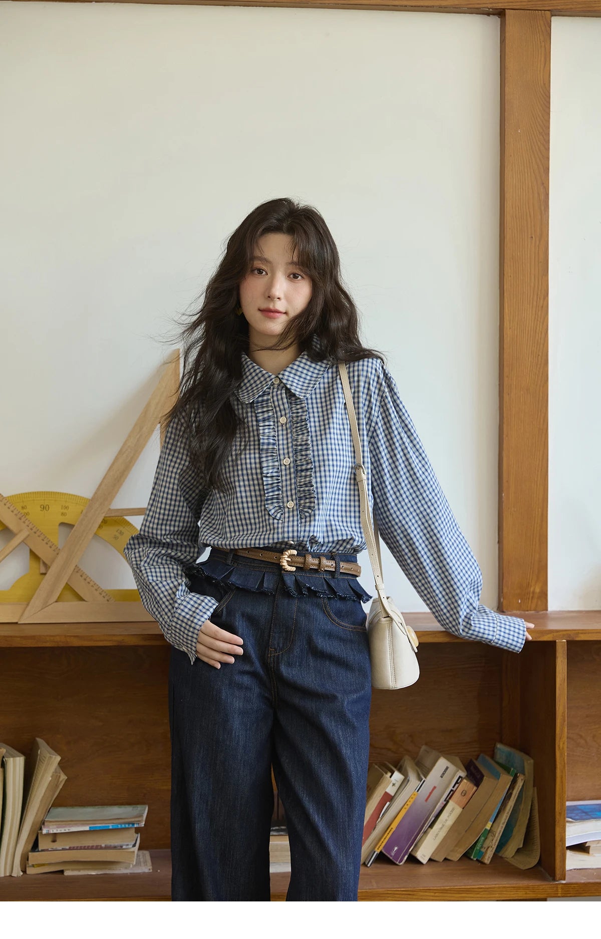 MISHOW Blue Plaid Cotton Shirt Doll Collar Dropped Shoulder MXE44C2391