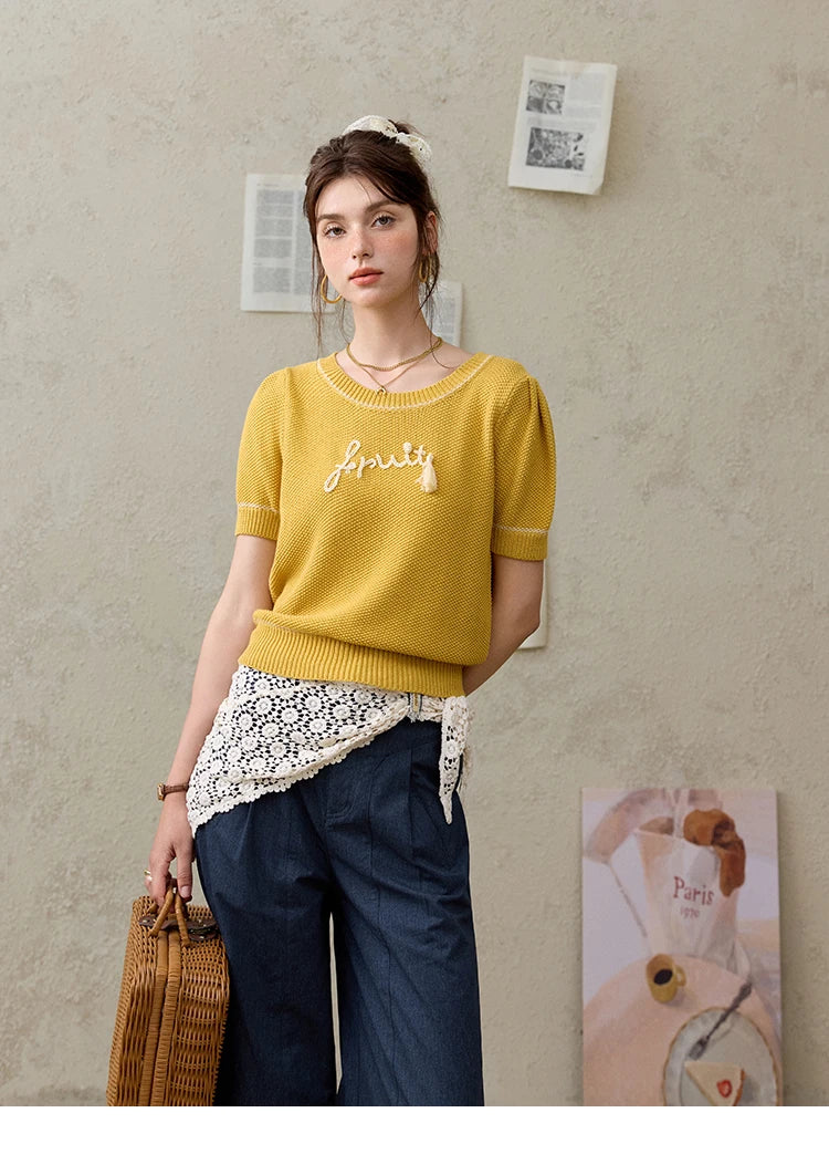 Mishow French Letter Short Sleeve Round Neck Pullover MXE33Z1219