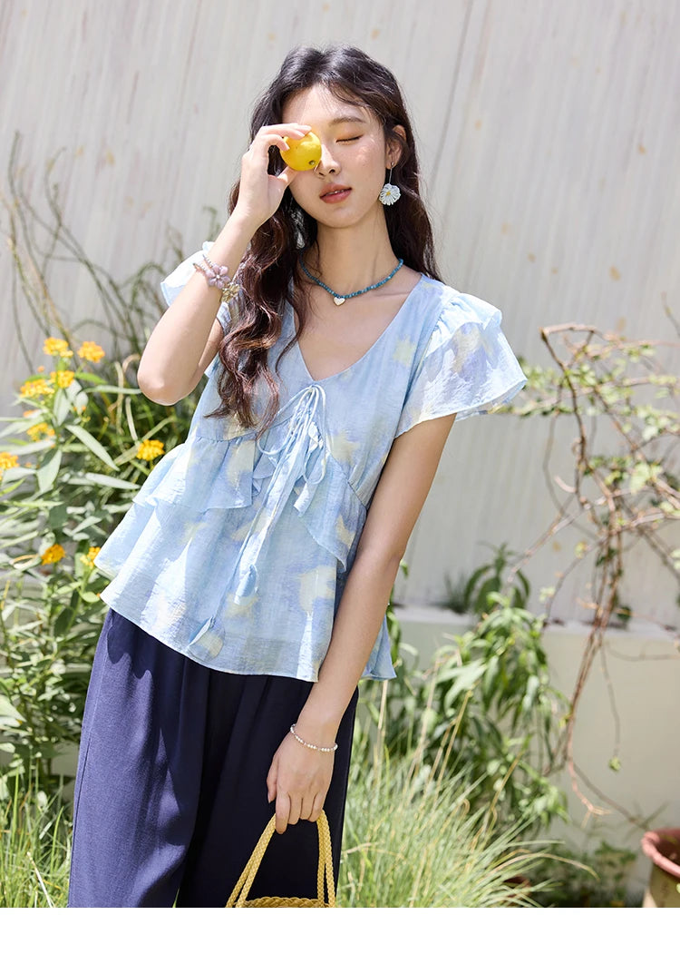 MISHOW Women's Blue Double-Layer Ruffled Linen V-Neck Blouse MXE33X1819