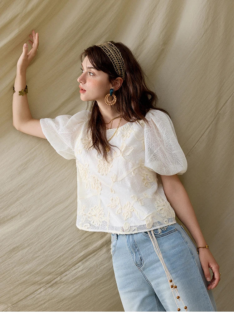 MISHOW Short Puff Sleeve Blouse Round Neck Jacquard MXE32X1772