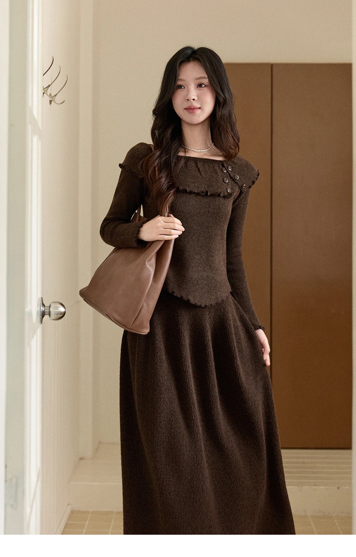 Mishow Coffee Ruffle Boat Neck Top & A-Line Skirt Set MXE93T1455
