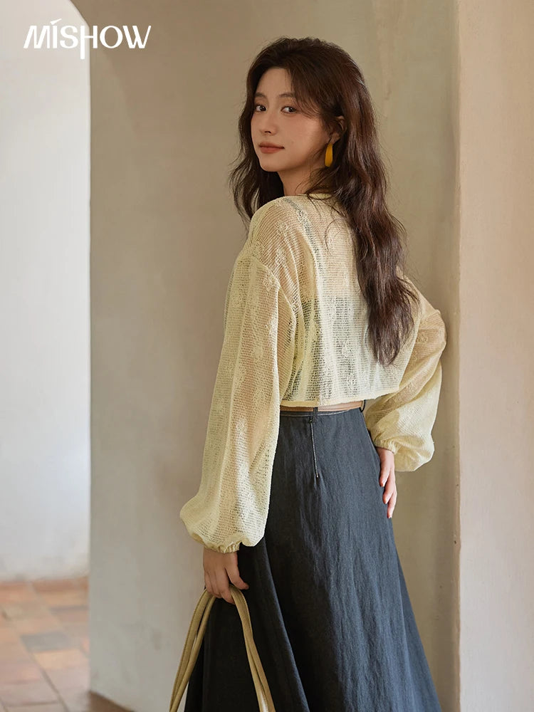 Mishow Lantern Sleeve Cardigan & Denim Strap Dress Set MXE41T0704